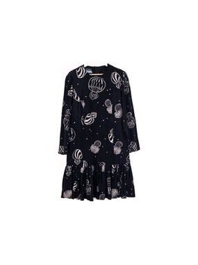 Vtg Louis Feraud Dress US 14 Black Cream Perfume Bottles Graphic Drop Waist Mod